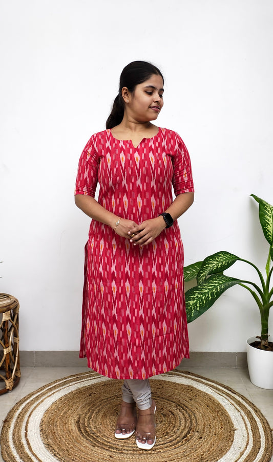 Candy Red with White Ikat Kurti