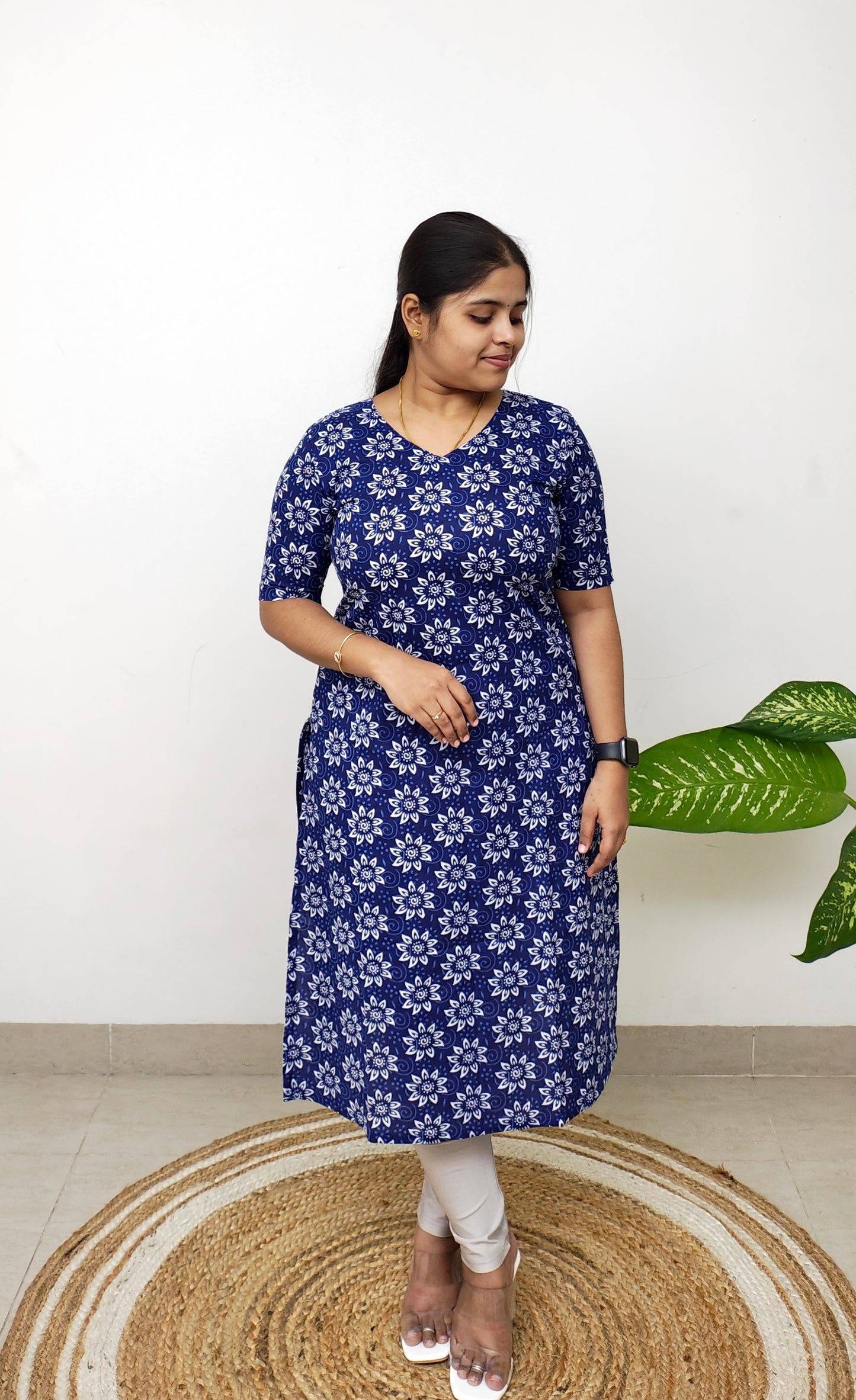 Cotton Print Kurti - Indigo Pookkal